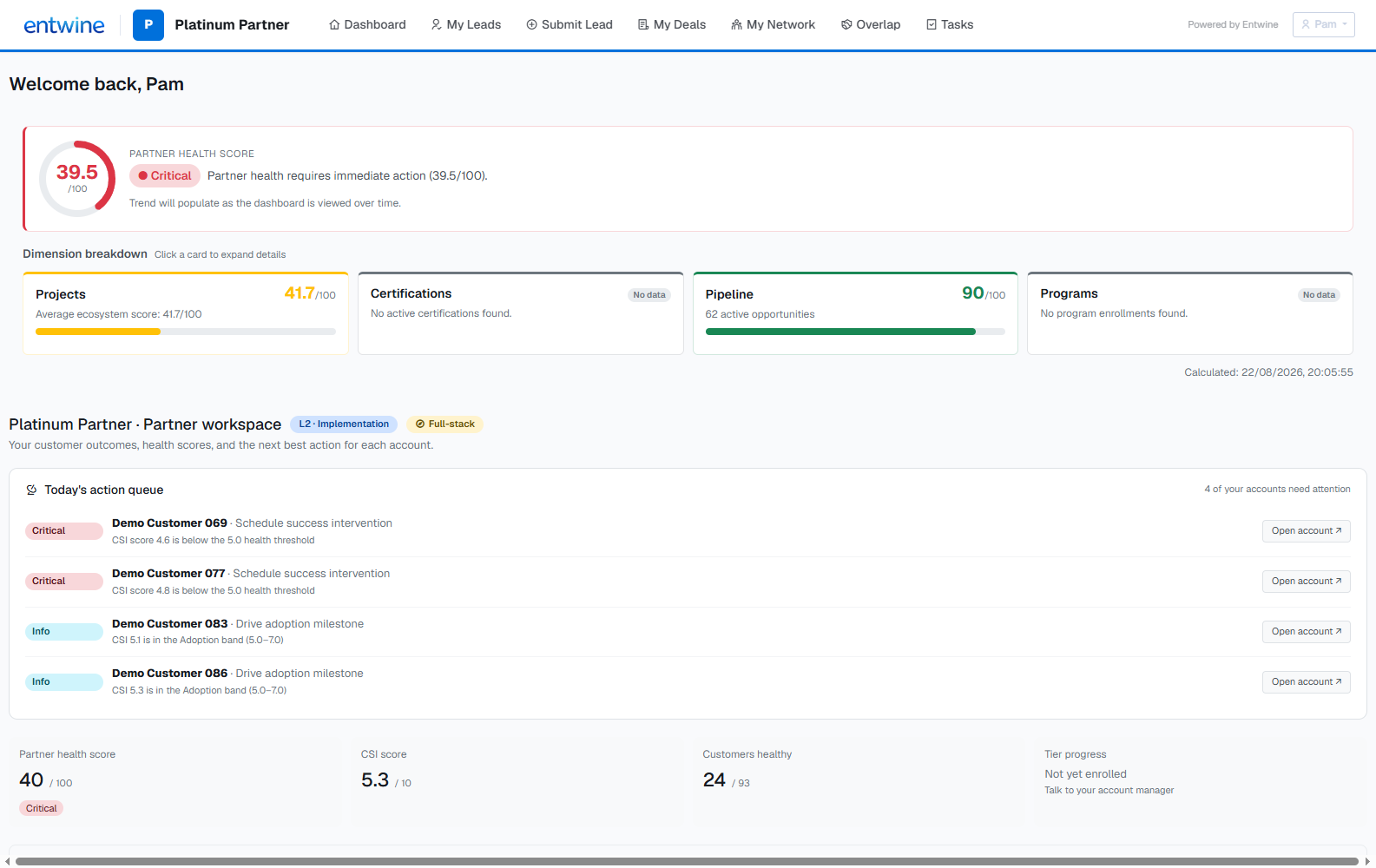 Partner portal on the demo workspace: partner health score with dimension breakdown, and a CSI-driven action queue telling the partner which customer accounts need intervention next